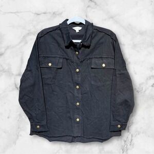 New Davis Dani Black Denim Shacket Rock Roll Graphic Button Up Shirt Jacket S